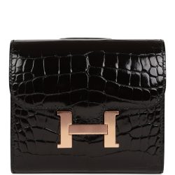 Hermes Constance Compact Wallet Black Shiny Alligator Rose Gold Hardware