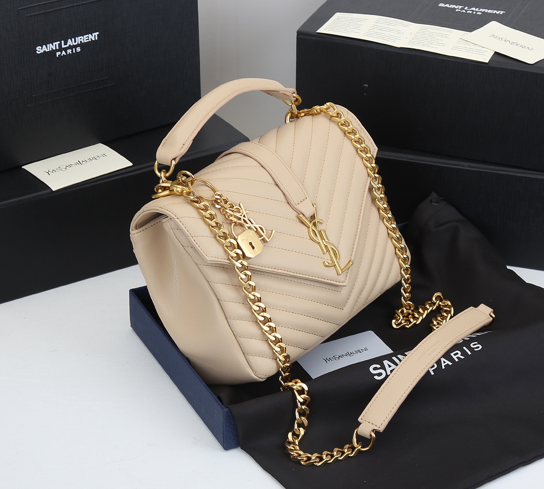 Saint Laurent College Medium Chain Bag In Quilted Leather Beige 24Cm 600279Brm072721 - Image 5