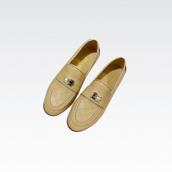 Chanel 20B Quilted Boy Lego Metal Logo Gold Mule Slip On Flat Loafers Beige