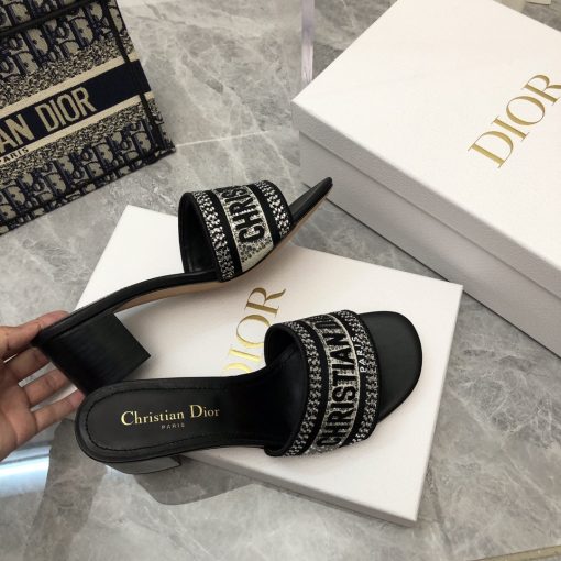 Dior Dway Heeled Slide Embroided Cotton Black - Image 3