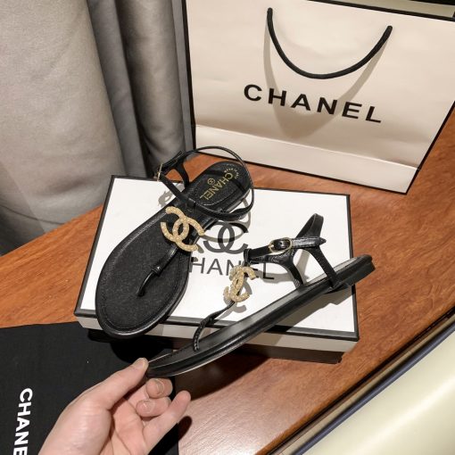 Chanel Gold Pearl Cc Logo Thong Sandals Black - Image 4