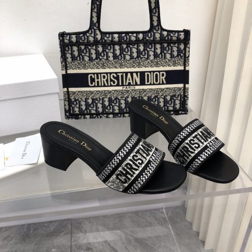 Dior Dway Heeled Slide Embroided Cotton Black - Image 6