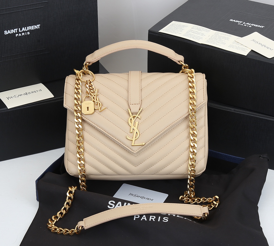 Saint Laurent College Medium Chain Bag In Quilted Leather Beige 24Cm 600279Brm072721 - Image 10