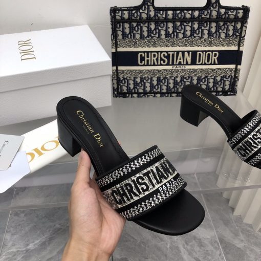 Dior Dway Heeled Slide Embroided Cotton Black - Image 4