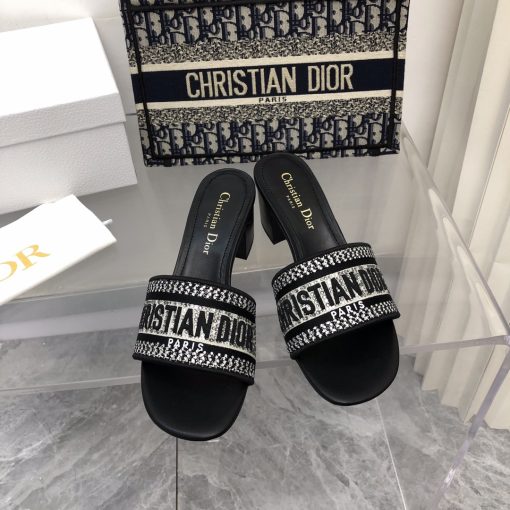 Dior Dway Heeled Slide Embroided Cotton Black - Image 2