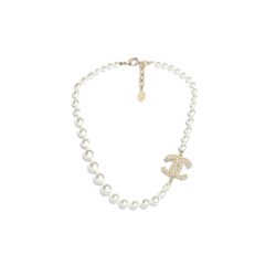 Chanel Metallic Silver Tone Coco Faux Pearl Cc Necklace