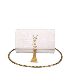 Saint Laurent Kate Medium Chain Bag With Tassel In Crocodile-Embossed Shiny White 354119Dnd0J9207