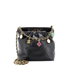 Chanel Hobo Resin Charms Chain Bucket Bag Quilted Lambskin Black 20Cm