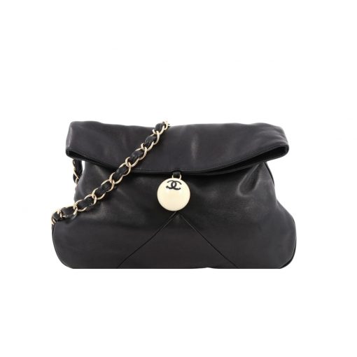 Chanel Leather Cue Ball Foldover Bag Black 26Cm