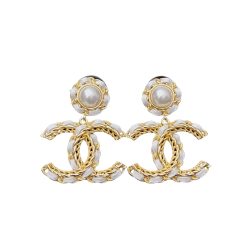 Chanel White Leather And Gold Metal Earrings