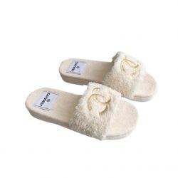 Chanel Logo Embroidered Shearling Cream Slides