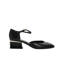 Chanel Mary Jane Velvet Patent Leather Imitation Pearls Black