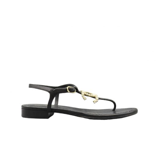 Chanel Gold Pearl Cc Logo Thong Sandals Black