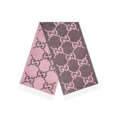 Gucci Gg Cashmere Jacquard Scarf Grey And Pink 674275 3G344 1272