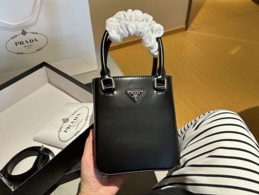 Prada Logo Embellished Leather Cross Body Bag Black 15Cm - Image 8