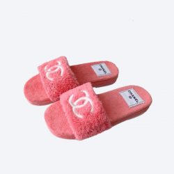 Chanel Logo Embroidered Shearling Pink Slides