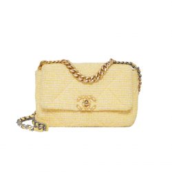 Chanel 19 Flap Bag Quilted Tweed Yellow 26Cm
