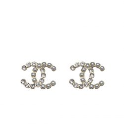 Chanel Cc Crystal Pearl Silver Earrings