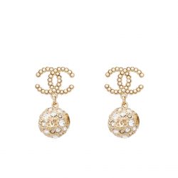 Chanel New Cc Gold Ball Crystal Pearl Drop Earrings
