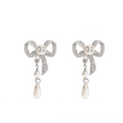 Chanel Bow Silver Pearl Earrings