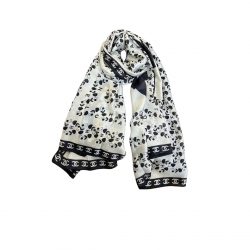Chanel Flower Silk Square Scarf And Cc Logo White 90Cm