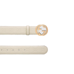 Gucci Calfskin Monogram White Belt Gold Metal 3.5Cm