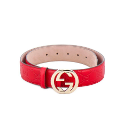 Gucci Calfskin Monogram Red Belt Gold Metal 3.5Cm