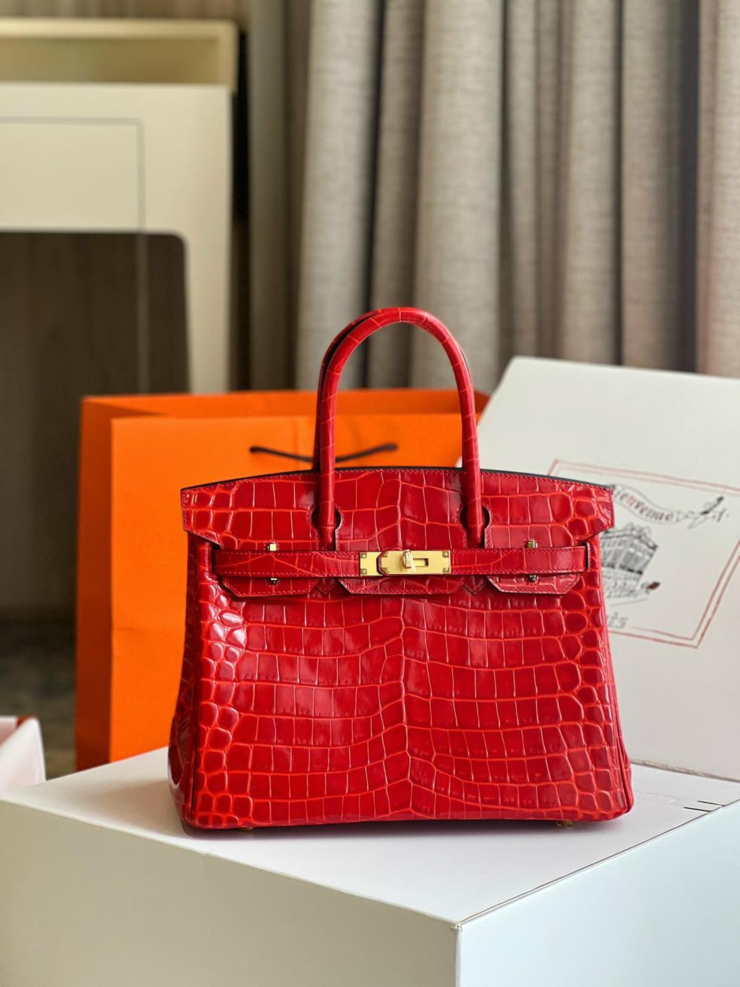 Herm?s Birkin 30 in Shiny Porosus Crocodile Leather in Rouge Vif with Gold Hardware - PurseAura - Image 4