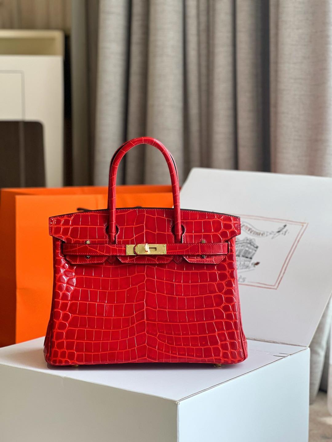 Herm?s Birkin 30 in Shiny Porosus Crocodile Leather in Rouge Vif with Gold Hardware - PurseAura - Image 5