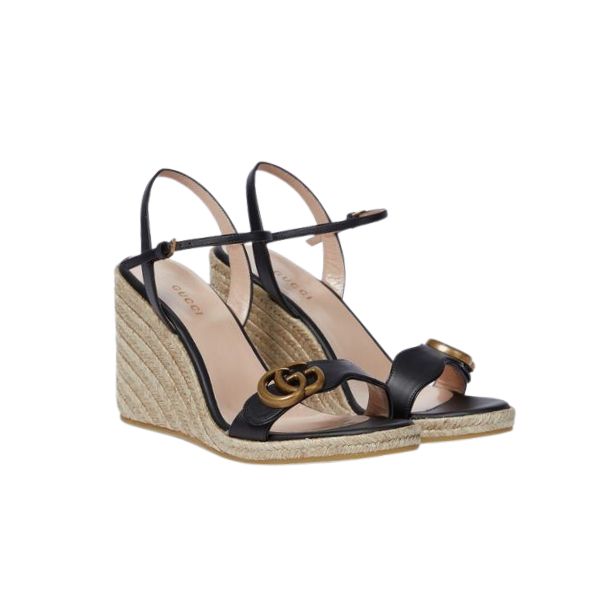 Gucci Leather Wedge Espadrille Sandals Black 8Cm - PurseAura