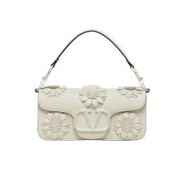 Valentino Garavani Loco Flower Applique Shoulder Bag White 26Cm - PurseAura