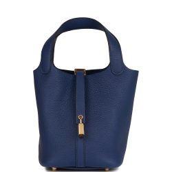 H Handbags Picotin Lock 18 Bleu Saphir Clemence Gold Hardware