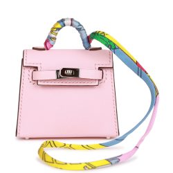 H Handbags Rose Sakura Tadelakt Mini Kelly Twilly Bag Charm Palladium Hardware