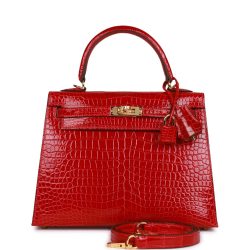 H Handbags Kelly Sellier 25 Braise Shiny Porosus Crocodile Gold Hardware