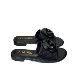 Chanel Camellia Leather Slides Black
