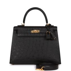 H Handbags Kelly Sellier 25 Black Ostrich Gold Hardware