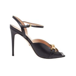 Gucci Metal Chain Stiletto Heels Flip Flop Fish Mouth Sandals Black