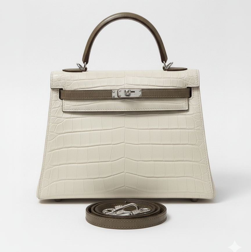 Hermès Kelly 28 Sellier Gris Perle & Gris Asphalte Matte Alligator Palladium Hardware