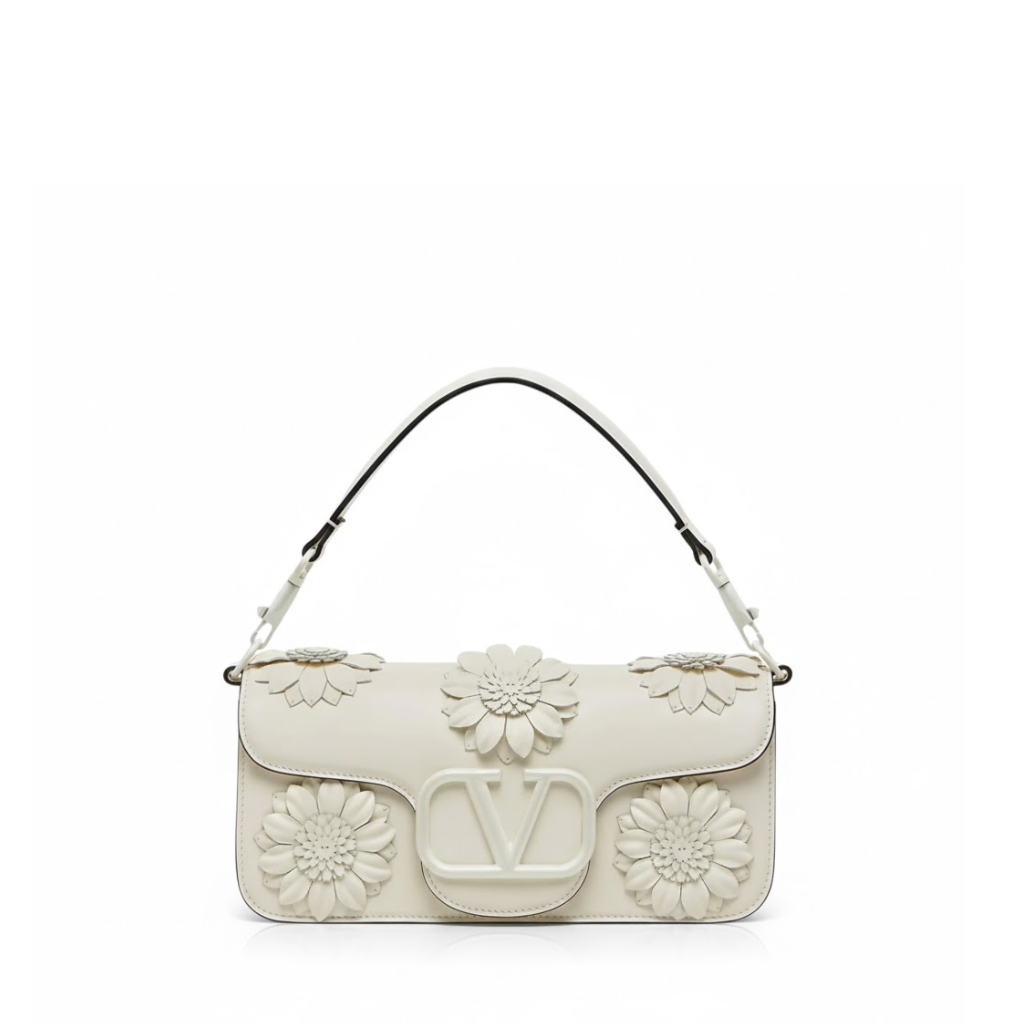 Valentino Garavani Loco Flower Applique Shoulder Bag White 26Cm