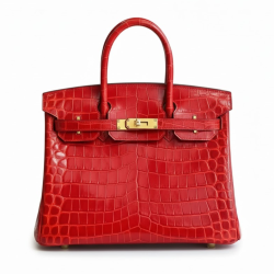 Hermès Birkin 30 in Shiny Porosus Crocodile Leather in Rouge Vif with Gold Hardware