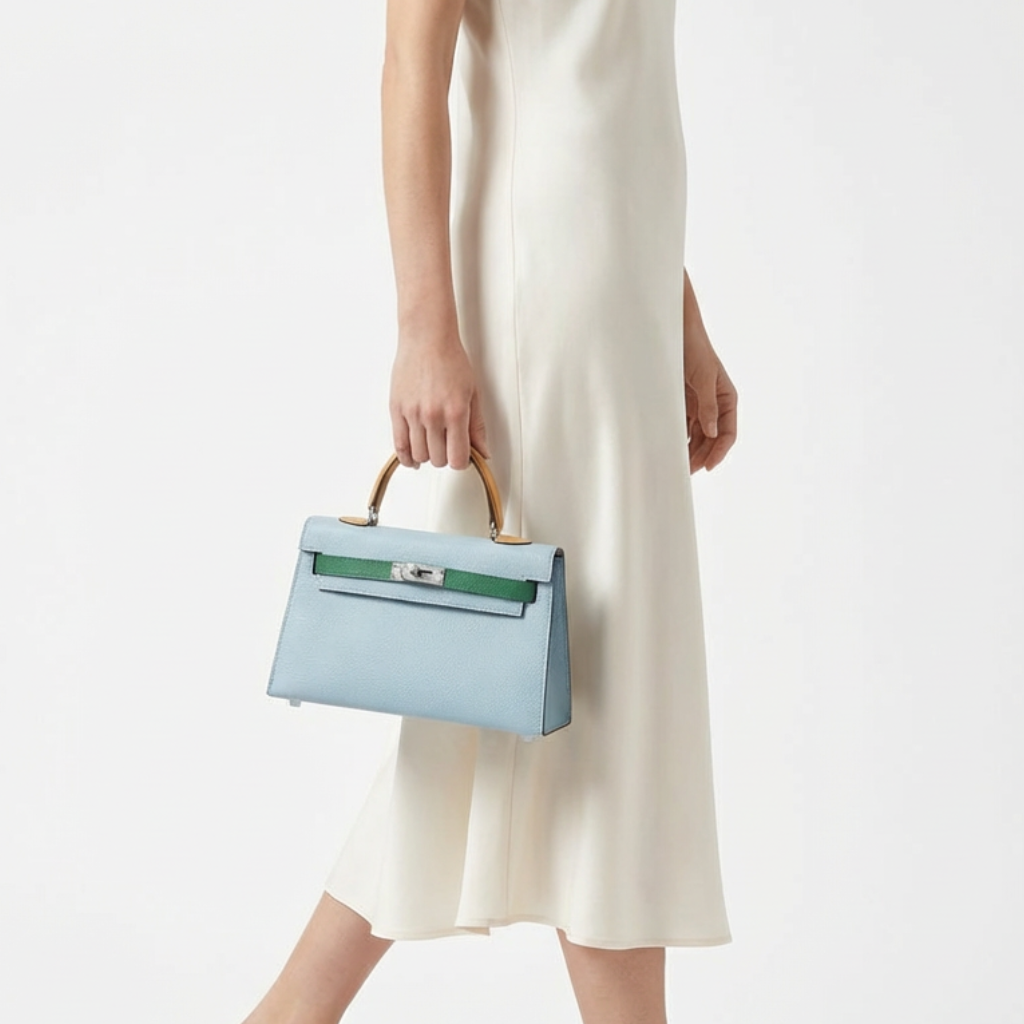Hermes Kelly Mini 20 Bleu Brume, Vert Jade and Gold Epsom Palladium Hardware - Image 4