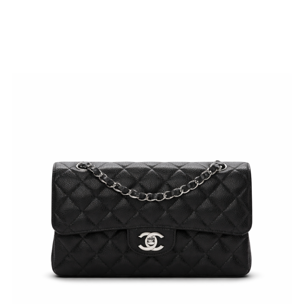 Black Quilted Caviar Small Double Flap Silver Hardware