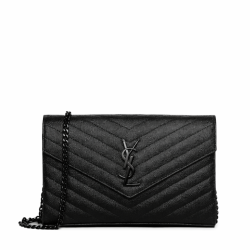 Saint Laurent Cassandre Matelasse Chain Wallet In Grain De Poudre Embossed Black Noir 22Cm 377828Bow081000