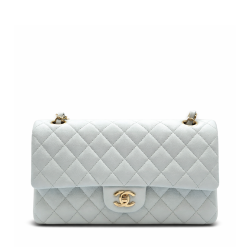 Medium Classic Double Flap Bag Blue Quilted Caviar Light Gold Hardware
