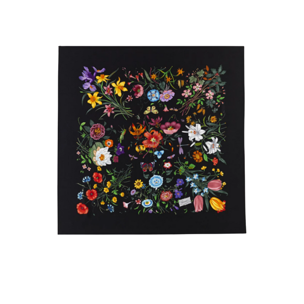 Gucci Scarf Flora Print Black Multicolor Silk