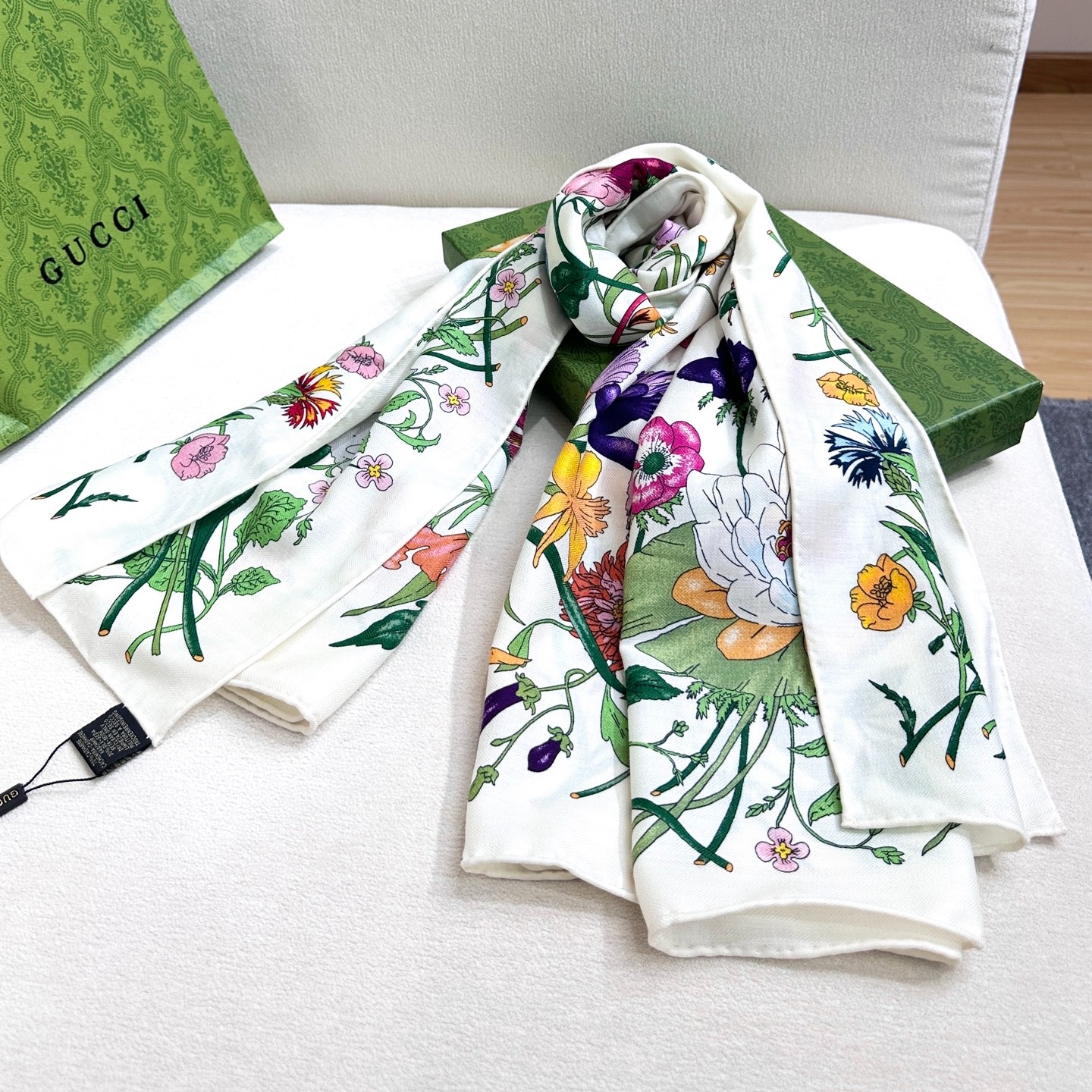 Gucci Scarf Flora Print Black Multicolor Silk - Image 6